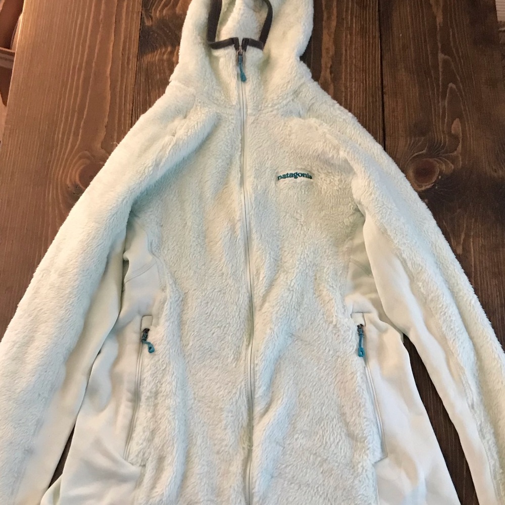 Mint green Patagonia fuzzy zip up with hood.